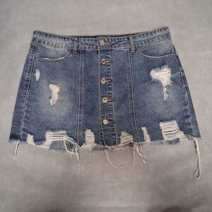 Y2K LIT2 Mini Jean Skirt Large Light Washed Distressed Denim Button Front